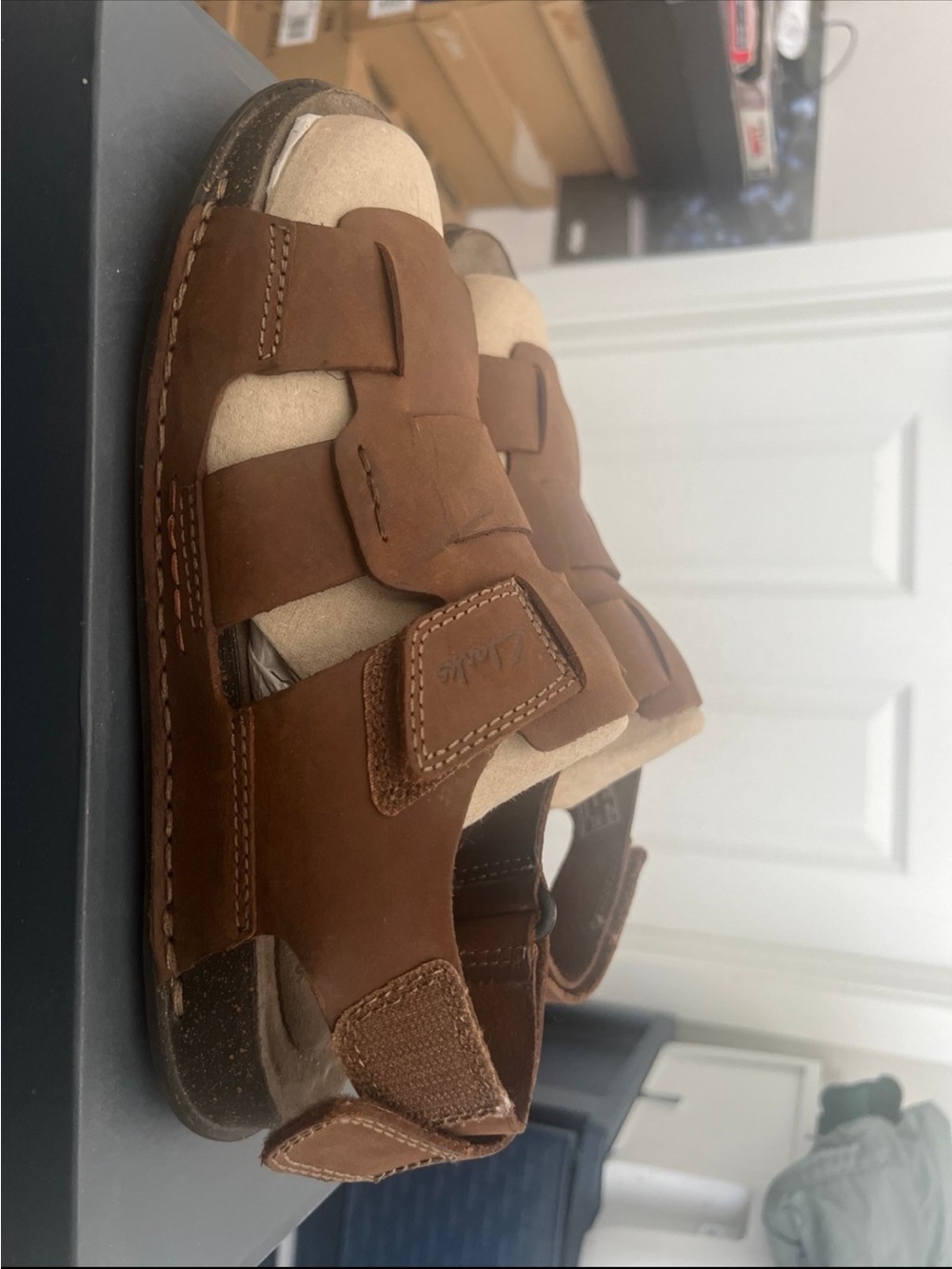 Clarks Men's Brown Leather Fisherman Sandals with Cream Panels